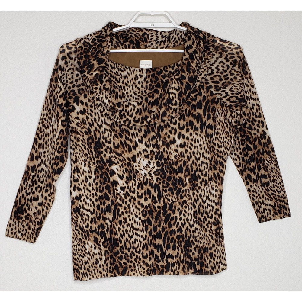 Chico's Top Blouse Size 3 Brown Leopard Print Long Sleeve Cowl Neck Lined